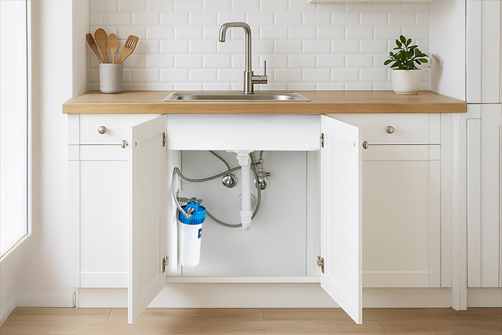 Alvito Einbau-Wasserfilter im Spülenschrank einer Küche