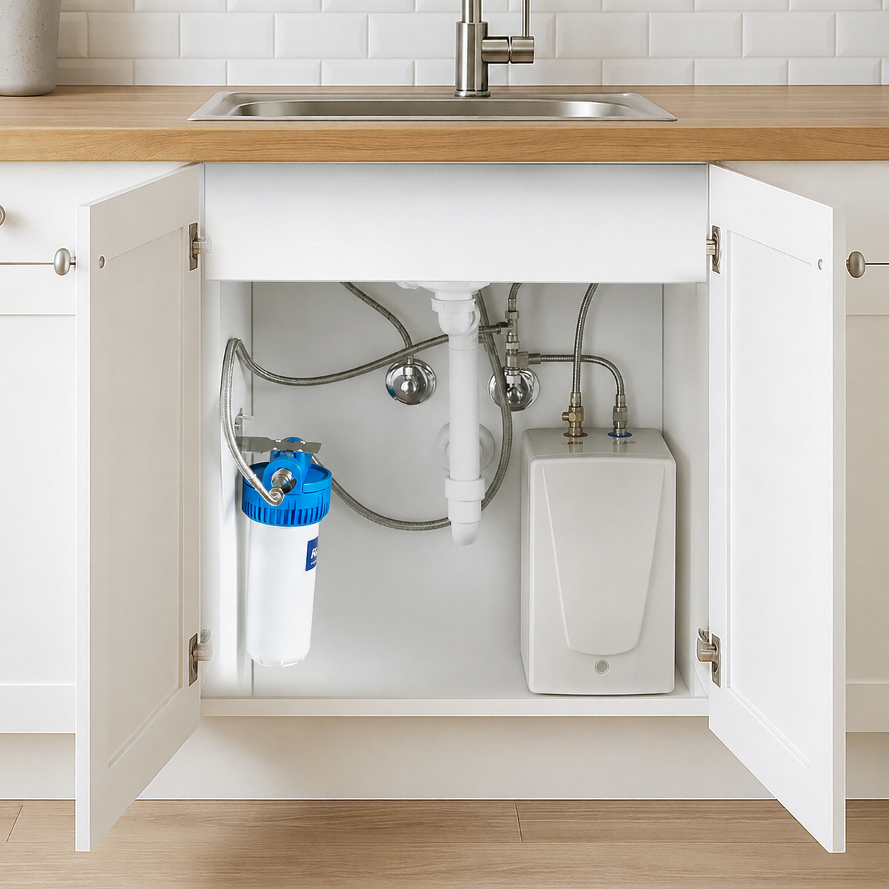 Einbau-Wasserfilter mit drucklosem Boiler unter einer Küchenspüle