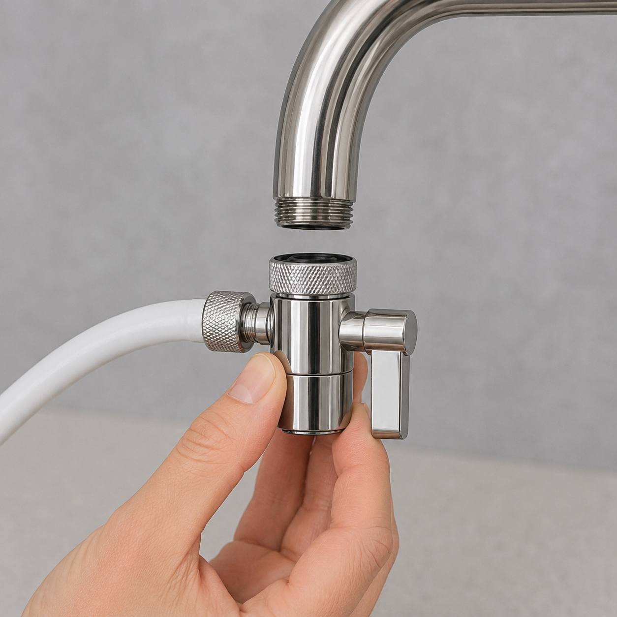 Das Umlenkventil wird am Wasserhahn angeschraubt