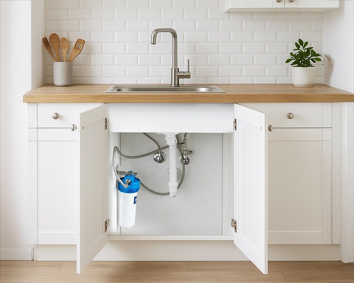Einbau Wasserfilter Man sieht einen Einbau Wasserfilter unter der Spüle montiert - in einer hellen Küche