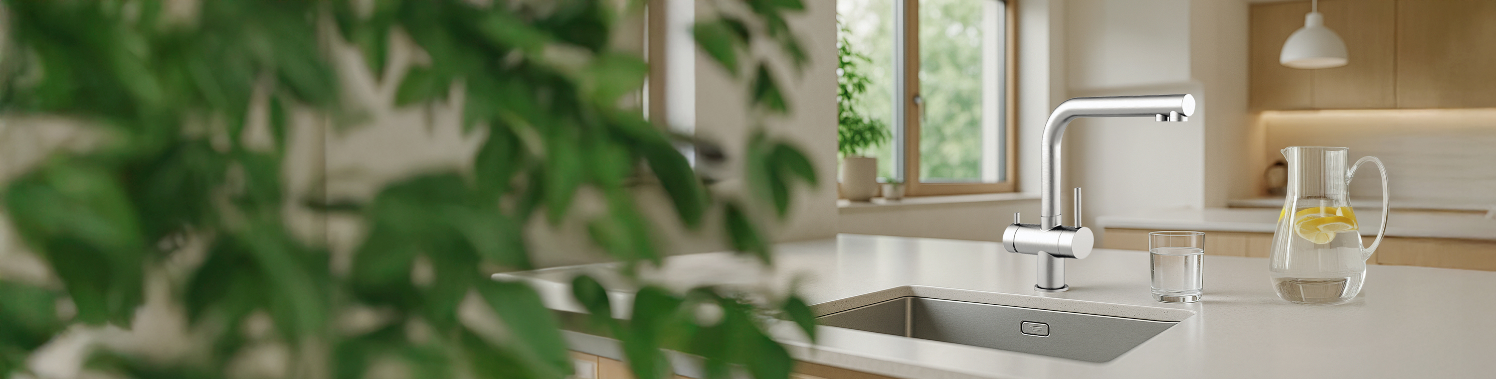 Wasserfilter in der Küche Man sieht eine helle, freundliche Küche mit einer 3-Wege Armatur. Eine Karaffe und ein Glas mit frisch gefiltertem Wasser stehten auf der Arbeitsplatte.