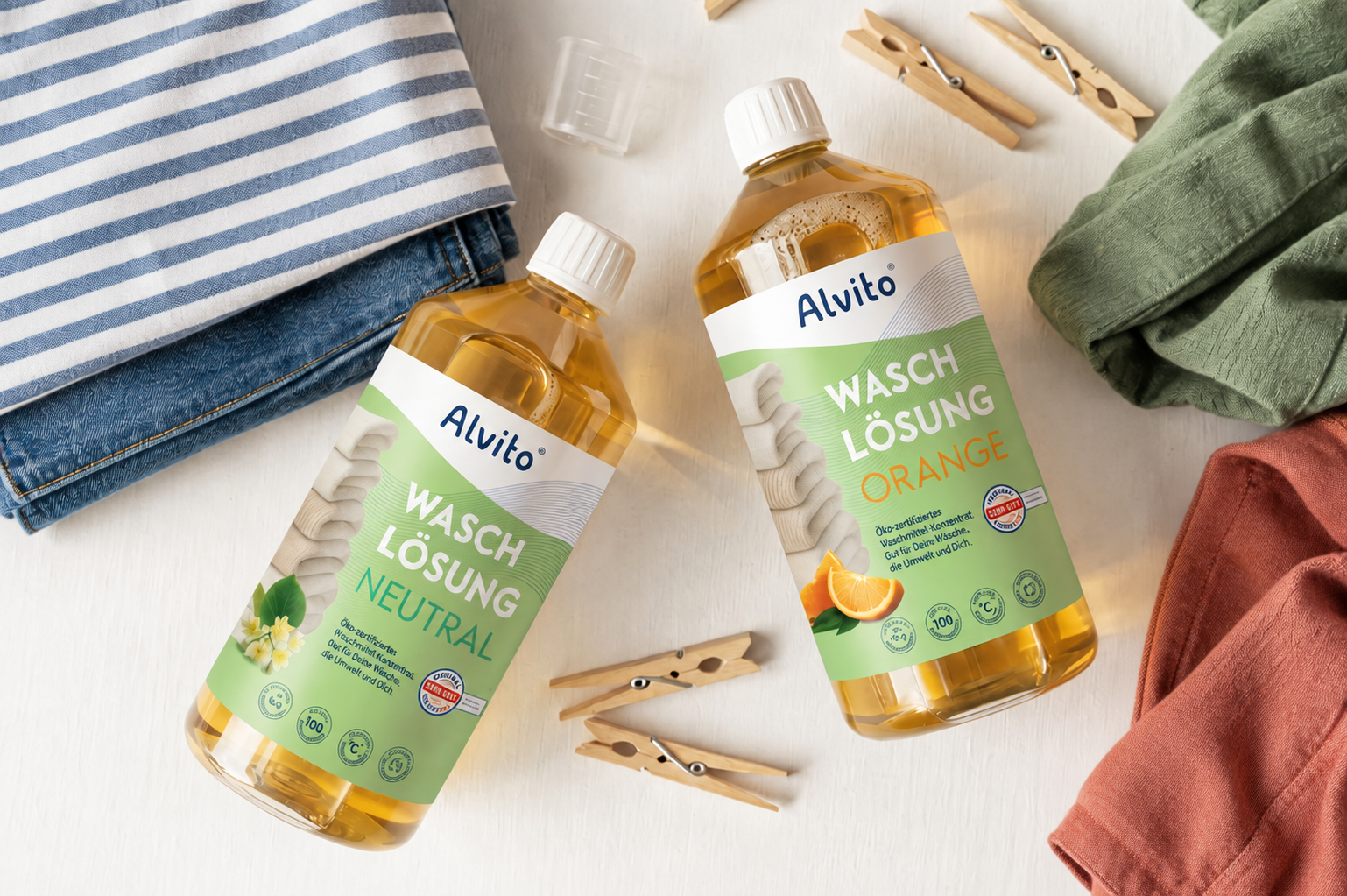 Alvito Waschlösung Neutral und Orange mit Wäsche