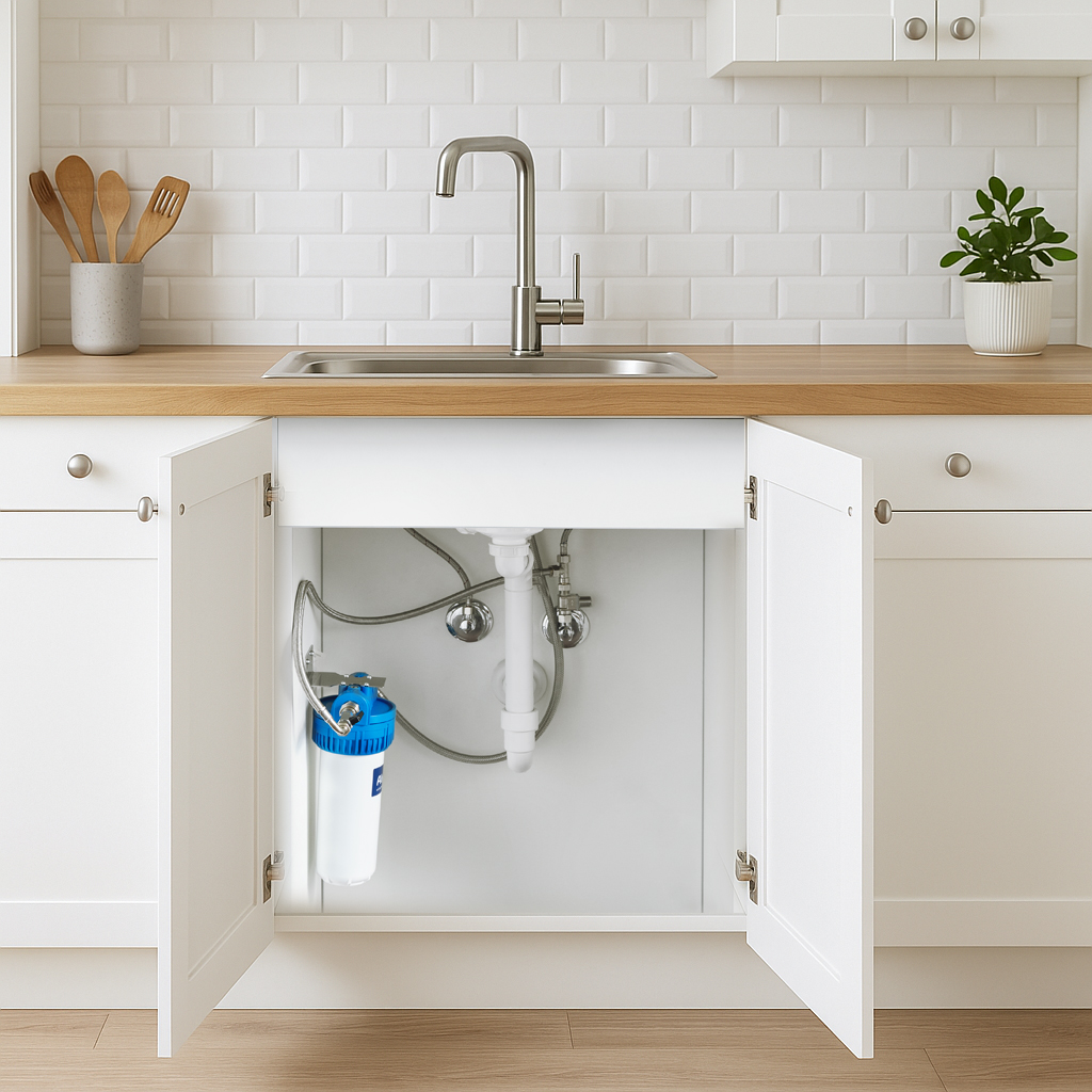 Einbau Wasserfilter Man sieht einen Einbau Wasserfilter unter der Spüle montiert - in einer hellen Küche