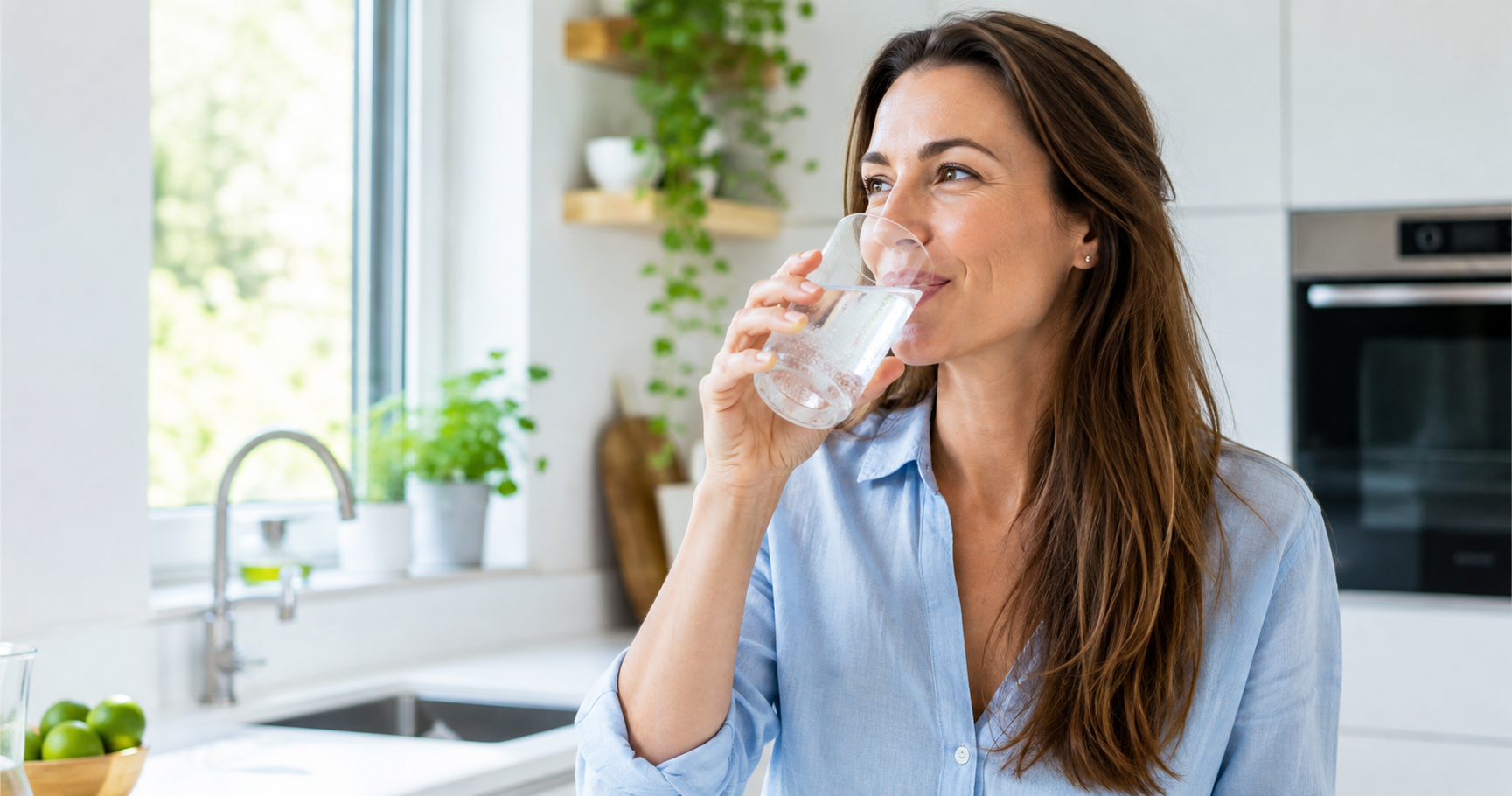 Frau genießt ein Glas Wasser in einer hellen Küche