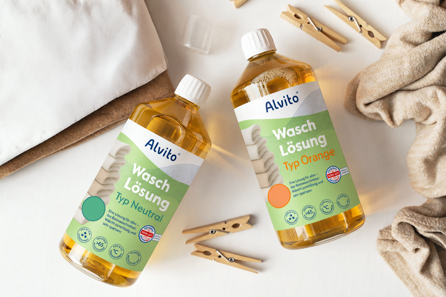 Alvito Waschlösung Neutral und Orange mit Wäsche