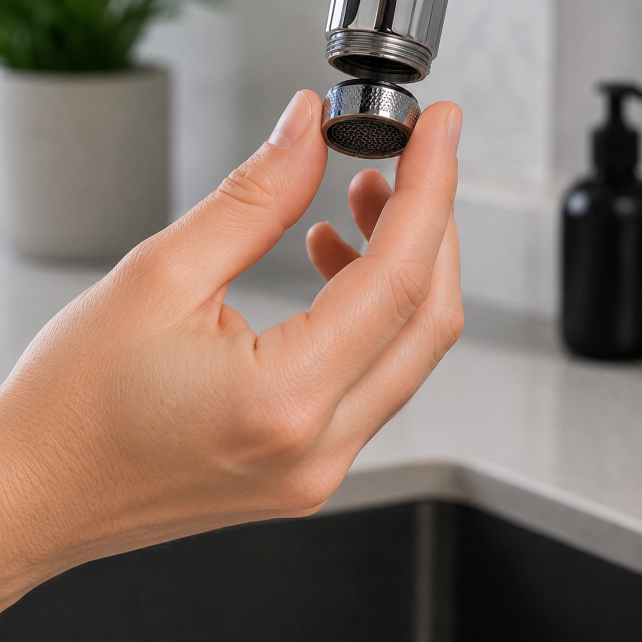 Eine Hand schraubt den Strahlregler vom Wasserhahn ab