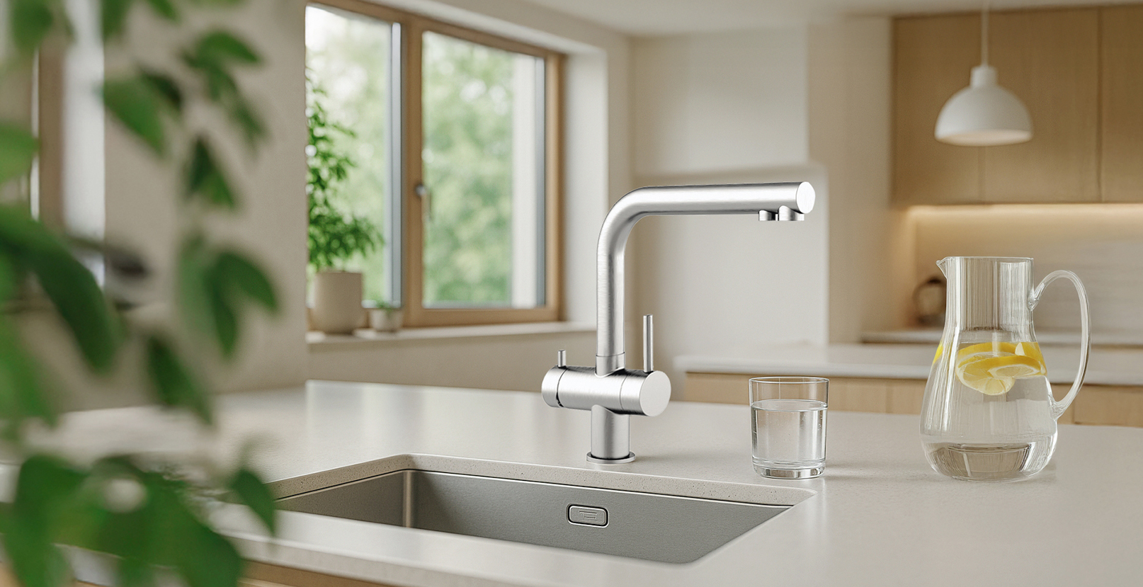 Wasserfilter für die Küche Moderne Küchenarmatur mit integriertem Wasserfilter über Spüle, neben Krug mit Zitronenwasser auf Arbeitsplatte