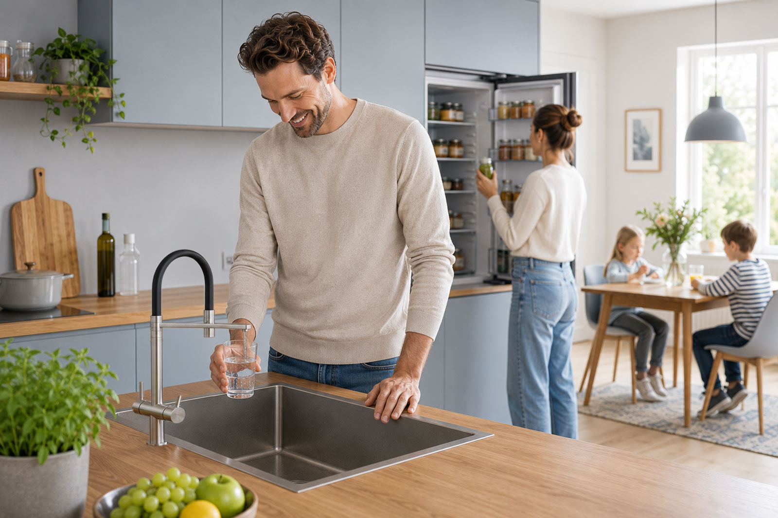 Familie in einer modernen Küche mit Wasserfilter-Armatur